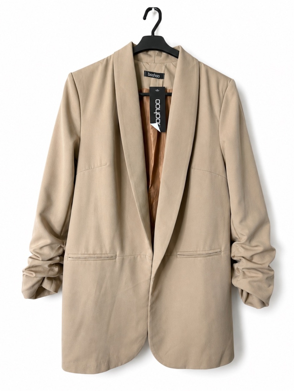 Boohoo Women’s Beige Open Front Blazer Ruched Sleeve Jacket Size M NWT
